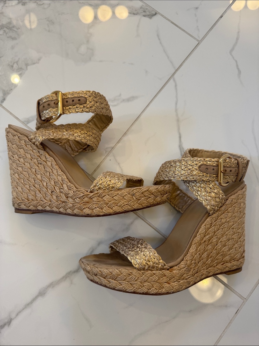 Stuart Weitzman Braided Straw Wedge Sandals in Natural